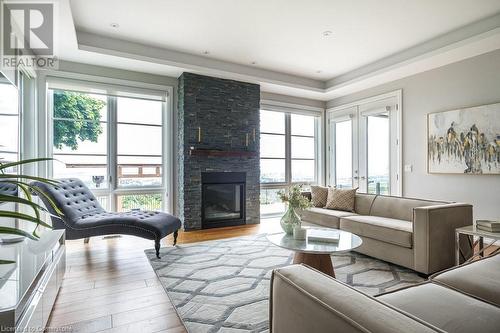 Coffered Ceilings With Accent Lighting - 147 Mountain Park Avenue, Hamilton, ON - Indoor Photo Showing Living Room With Fireplace