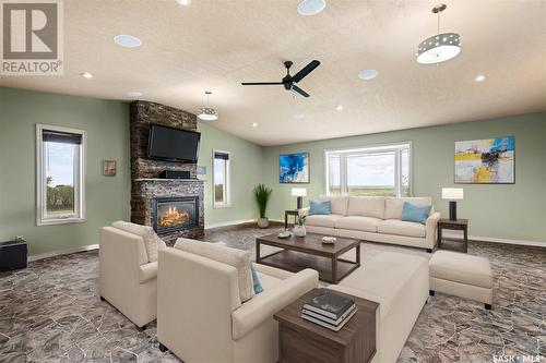 Harlos Acreage, Moose Jaw Rm No. 161, SK - Indoor Photo Showing Living Room With Fireplace