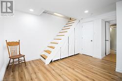 Now let's explore the lower level walk-out. Note the built-in storage under the stairs. - 