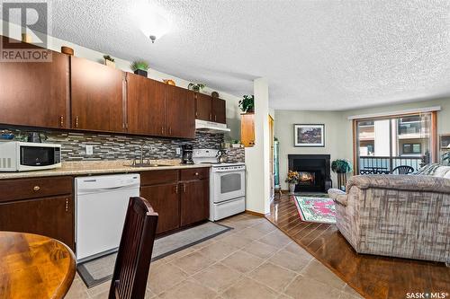 206 55 Wood Lily Drive, Moose Jaw, SK - Indoor Photo Showing Kitchen With Fireplace