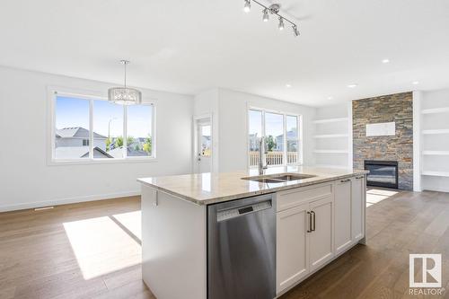 21351 96 Av Nw, Edmonton, AB - Indoor Photo Showing Kitchen With Fireplace With Double Sink