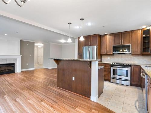 202-535 Heatherdale Lane, Saanich, BC - Indoor Photo Showing Kitchen With Fireplace With Stainless Steel Kitchen