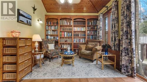 Living area with wood-type flooring, ceiling fan, lofted ceiling, and wood ceiling - 246 Light Street, Woodstock, ON - Indoor