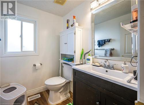 Bathroom featuring toilet, vanity, a textured ceiling, and hardwood / wood-style flooring - 39 Dahlia Street, Kitchener, ON - Indoor Photo Showing Bathroom