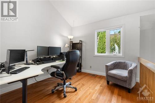 dining room with brand new modern light fixture - 17 Welby Court, Ottawa, ON - Indoor Photo Showing Office