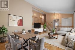 Photo is virtually staged. There's hardwood flooring underneath the carpet. The rendering is to give ideas on how it could be set up to allow for a dining area and living room area combination. - 