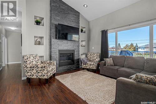 206 2Nd Avenue, Hanley, SK - Indoor Photo Showing Living Room With Fireplace