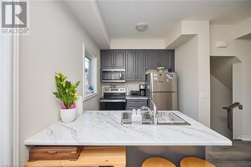 Breakfast bar - 19 Picardy Drive Unit# 2, Stoney Creek, ON - Indoor Photo Showing Kitchen With Stainless Steel Kitchen With Double Sink