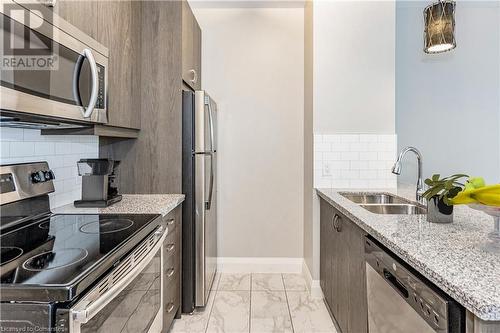 Virtually Staged - 118 King Street E Unit# 418, Hamilton, ON - Indoor Photo Showing Kitchen With Double Sink