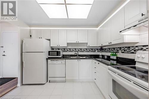 Updated countertop, backsplash, Moen Faucet and Lighting - 135 Hillcrest Avenue Unit# 1014, Mississauga, ON - Indoor Photo Showing Kitchen With Double Sink