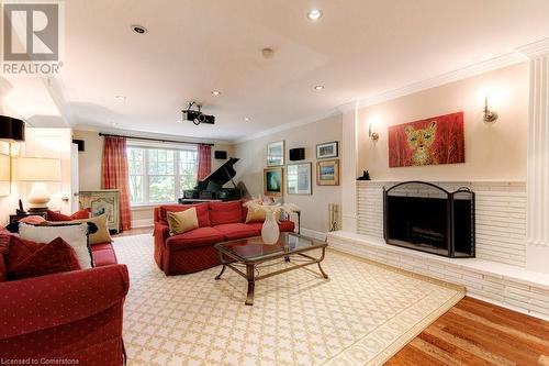 LL Family Room w/Projector TV & Drop Down Screen. - 183 Mill Street, Hamilton, ON - Indoor Photo Showing Living Room With Fireplace