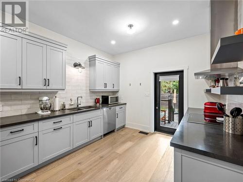 Kitchen on main-floor: new exterior door (2018) leading to backyard - 213 Caroline Street S, Hamilton, ON - Indoor Photo Showing Kitchen With Double Sink