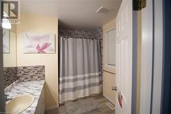 Bathroom with vanity, wood-type flooring, and a shower with shower curtain - 