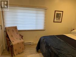 Bedroom with light wood-type flooring and a baseboard heating unit - 