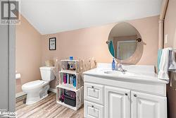 Bathroom featuring vanity, hardwood / wood-style flooring, toilet, and vaulted ceiling - 