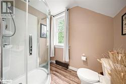 Bathroom with toilet, hardwood / wood-style floors, vaulted ceiling, and a shower with shower door - 