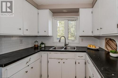 Kitchen featuring white cabinetry, sink, and tasteful backsplash - 46 Appalachian Crescent, Kitchener, ON - Indoor Photo Showing Kitchen With Double Sink