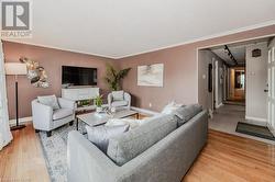 Living room with a fireplace, hardwood / wood-style floors, ornamental molding, and rail lighting - 