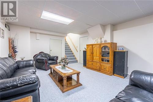 Carpeted living room with a paneled ceiling - 46 Mark Place, Hamilton, ON 