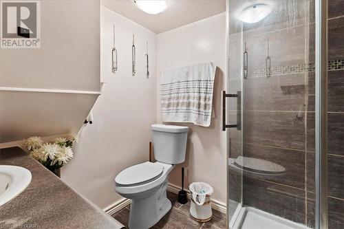 Bathroom with walk in shower, hardwood / wood-style floors, vanity, and toilet - 253 Auden Road, Guelph, ON - Indoor Photo Showing Bathroom