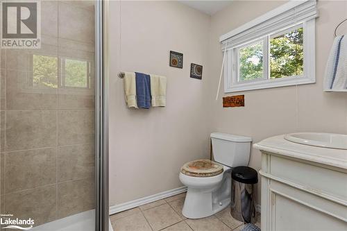 Bathroom featuring walk in shower, tile patterned flooring, vanity, and toilet - 68 Wolverine Beach Rd, Port Severn, ON - Indoor Photo Showing Bathroom