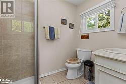 Bathroom featuring walk in shower, tile patterned flooring, vanity, and toilet - 