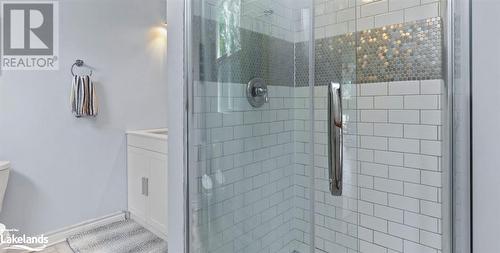 Bathroom featuring a shower with door and toilet - 64 Wolverine Beach Road, Port Severn, ON - Indoor Photo Showing Bathroom