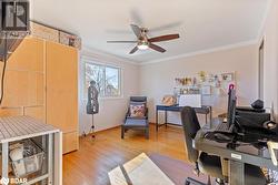 Home office featuring ornamental molding, light hardwood / wood-style flooring, and ceiling fan - 