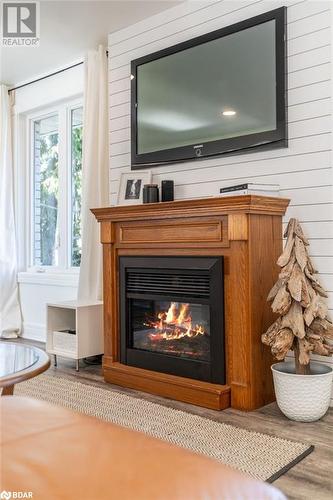 Interior details featuring hardwood / wood-style flooring and wooden walls - 18133 Loyalist Parkway, Prince Edward County, ON - Indoor Photo Showing Living Room With Fireplace