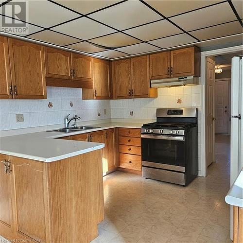 Kitchen with extractor fan, sink, a drop ceiling, range, and decorative backsplash - 115 Cranston Avenue, Cambridge, ON - Indoor Photo Showing Kitchen With Double Sink