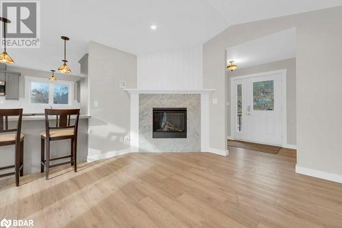 Living room with lofted ceiling, a wealth of natural light, a high end fireplace, and light hardwood / wood-style flooring - 530 Addington Road 5, Cloyne, ON - Indoor Photo Showing Living Room With Fireplace