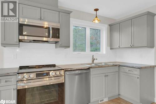 Kitchen featuring light hardwood / wood-style flooring, sink, gray cabinets, appliances with stainless steel finishes, and decorative light fixtures - 530 Addington Road 5, Cloyne, ON - Indoor Photo Showing Kitchen With Double Sink