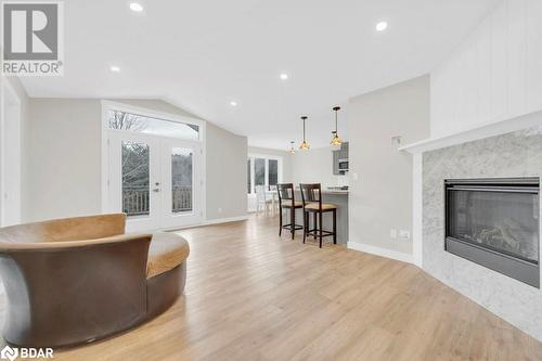 Living room featuring french doors, vaulted ceiling, a premium fireplace, and light hardwood / wood-style flooring - 530 Addington Road 5, Cloyne, ON - Indoor Photo Showing Living Room With Fireplace