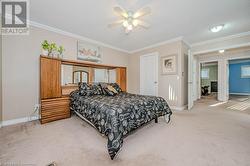 Carpeted bedroom with ceiling fan, a textured ceiling, and crown molding - 