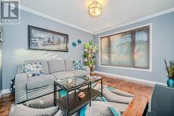 Living room with hardwood / wood-style floors, a textured ceiling, and crown molding - 