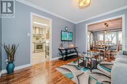 Living room featuring a textured ceiling, light hardwood / wood-style flooring, and ornamental molding - 