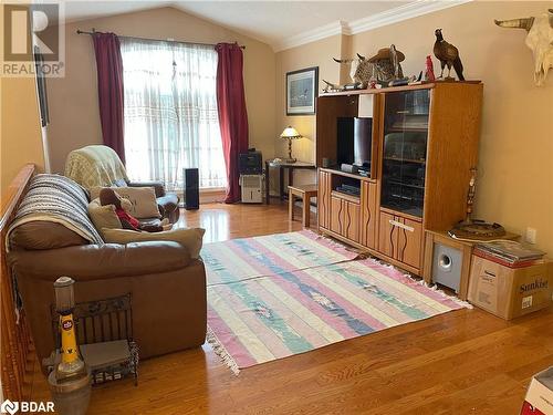 Living room with vaulted ceiling, crown molding, and light hardwood / wood-style flooring - 316 Main Street W, Dundalk, ON - Indoor