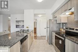 Kitchen featuring stainless steel appliances, light brown cabinetry, dark stone countertops, and sink - 