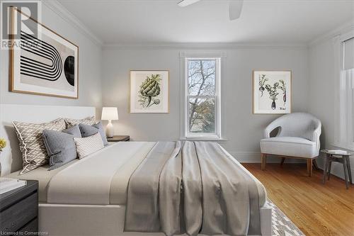 Bedroom 1 with ornamental molding, and ceiling fan - 635 Laurel Street Unit# Upper Unit, Cambridge, ON - Indoor Photo Showing Bedroom