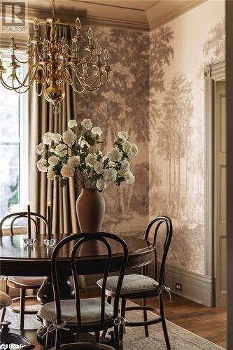 Dining room with wood-type flooring, crown molding, and an inviting chandelier - 42 Burton Avenue, Barrie, ON - Indoor Photo Showing Dining Room