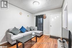 Living room with wood-type flooring and a textured ceiling - 