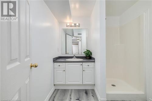 Bathroom featuring walk in shower, vanity, and wood-type flooring - 169 Bismark Drive Unit# 32, Cambridge, ON - Indoor Photo Showing Bathroom