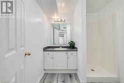 Bathroom featuring walk in shower, vanity, and wood-type flooring - 