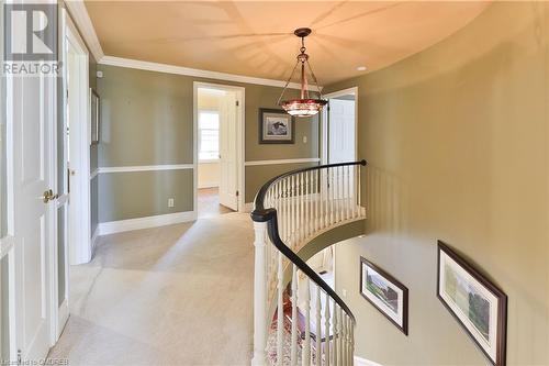 Corridor with light carpet and ornamental molding - 218 Northshore Boulevard W, Burlington, ON 