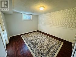 Basement with dark hardwood / wood-style flooring and a textured ceiling - 