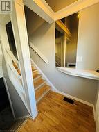 Stairs with hardwood / wood-style floors and crown molding - 