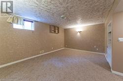 Basement featuring a textured ceiling and carpet flooring - 