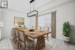 Tiled dining area with an inviting chandelier - 