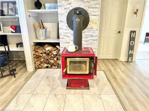 Details with hardwood / wood-style floors and a wood stove - 1 Maple Lane, Tillsonburg, ON - Indoor Photo Showing Other Room