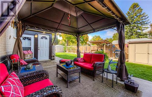 View of patio featuring outdoor lounge area, a shed, and a gazebo - 52 Adam Street, Cambridge, ON - Outdoor With Deck Patio Veranda With Exterior